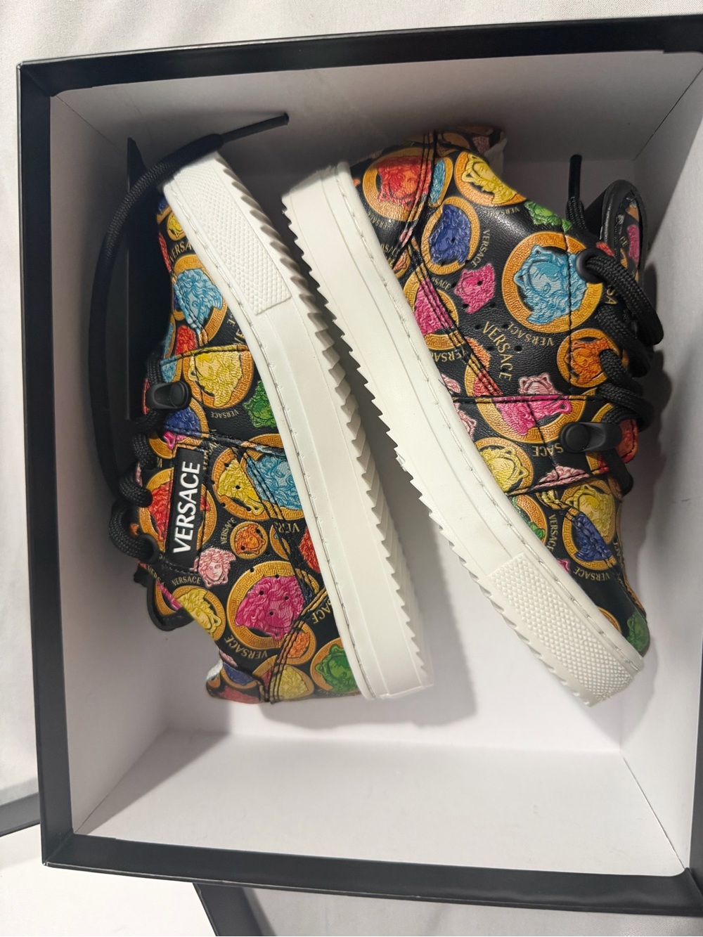 Versace Black Multicolor Medusa Coin Print Low-Top Sneakers Authentic